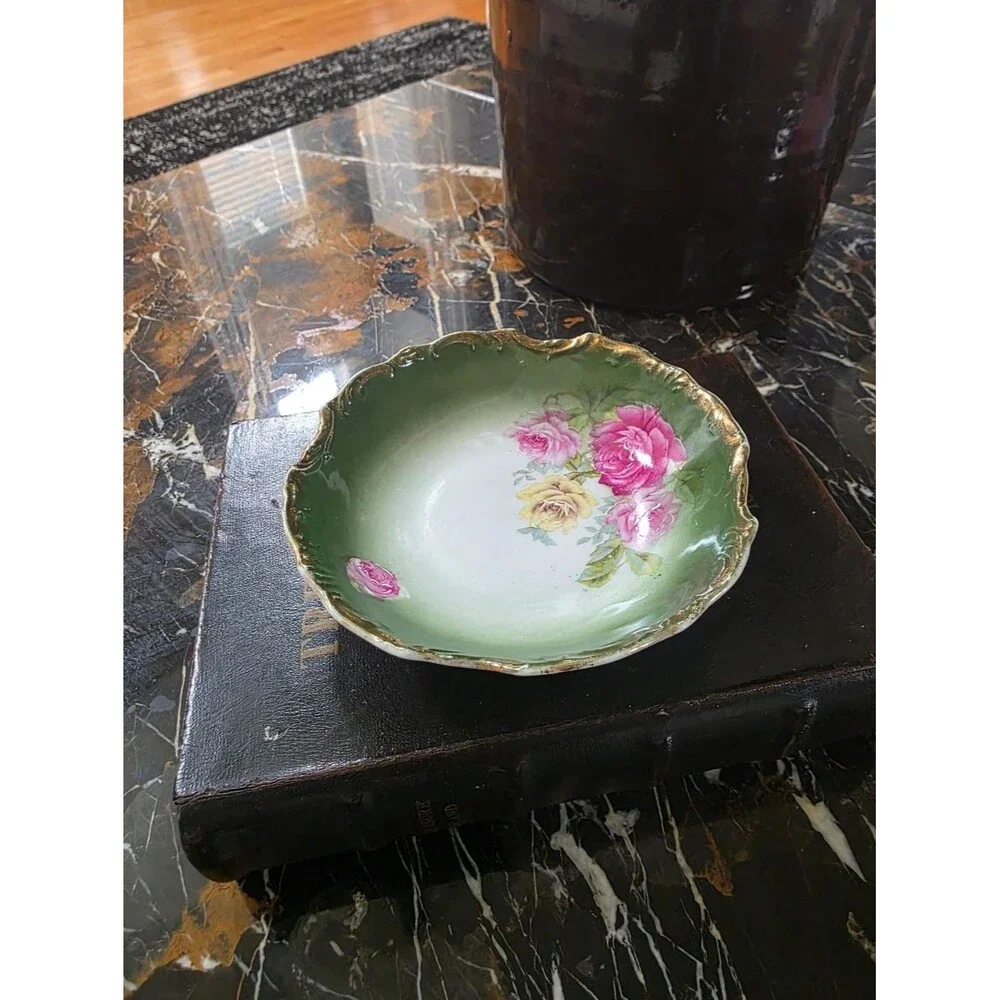 Shabby Chic Roses Pink Gold Gilt Ornate Scalloped Embossed Green Bowl Catch All